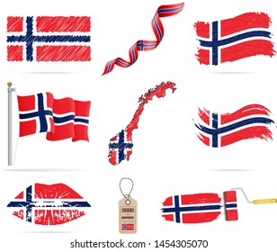 Set of hanging flags of Norway with different textures. Diversity shapes of the national flag country. Diversity shapes, maps of Norway. Template for background, banner, web site, logo, award