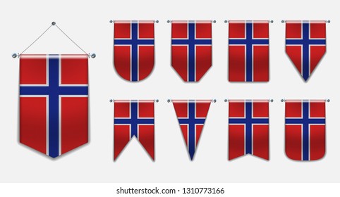 Set of hanging flags of the NORWAY with textile texture. Diversity shapes of the national flag country. Vertical Template Pennant for background, banner, web site, logo,award, achievement, festival