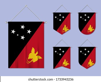 Set of hanging flags Papua New Guinea with textile texture. Diversity shapes of the national flag country. Vertical template pennant for banner, web, logo, award and festival