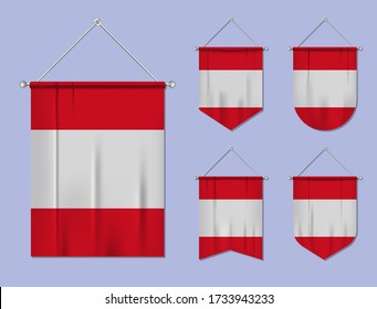 Set of hanging flags Peru with textile texture. Diversity shapes of the national flag country. Vertical template pennant for banner, web, logo, award and festival