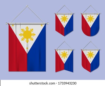 Set of hanging flags Philippines with textile texture. Diversity shapes of the national flag country. Vertical template pennant for banner, web, logo, award and festival