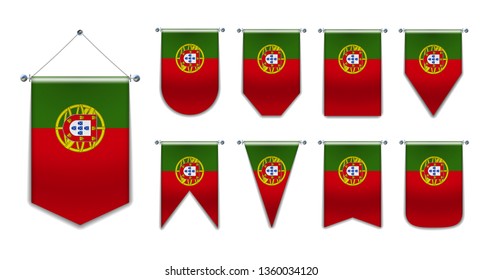 Set hanging flags of the PORTUGAL with textile texture. Diversity shapes of the national flag country. Vertical Template Pennant for background, banner, web site, logo,award, achievement, festival.