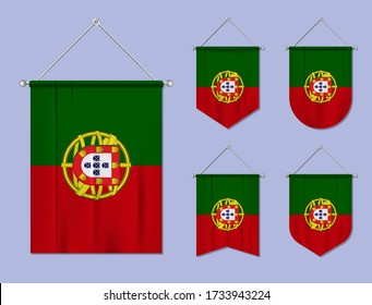 Juego de banderas colgantes Portugal con textura textil. La diversidad forma el país de la bandera nacional. Plantilla vertical para banner, web, logotipo, premio y festival