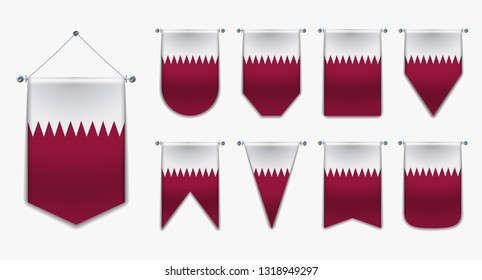 Set of hanging flags of the QATAR with textile texture. Diversity shapes of the national flag country. Vertical Template Pennant for background, banner, web site, logo,award, achievement, festival.
