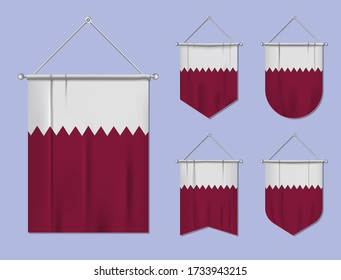 Set of hanging flags Qatar with textile texture. Diversity shapes of the national flag country. Vertical template pennant for banner, web, logo, award and festival
