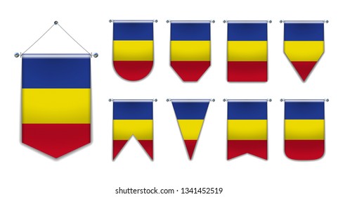 Set of hanging flags of the Romania with textile texture. Diversity shapes of the national flag country. Vertical Template Pennant for background, banner, web, logo,award, achievement, festival.EPS 10