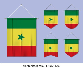 Set of hanging flags Senegal with textile texture. Diversity shapes of the national flag country. Vertical template pennant for banner, web, logo, award and festival