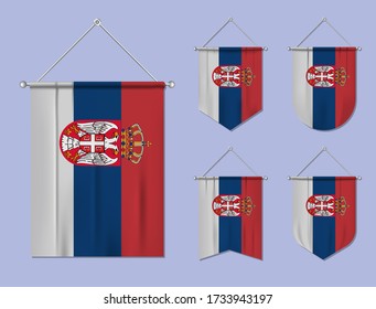 Set of hanging flags Serbia with textile texture. Diversity shapes of the national flag country. Vertical template pennant for banner, web, logo, award and festival