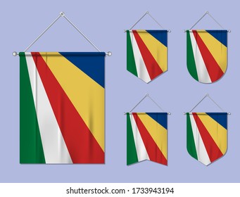 Set von hängenden Fahnen Seychellen mit Textil-Textur. Vielfalt der Formen des nationalen Flaggenlandes. Vertikaler Vorlagenknopf für Banner, Web, Logo, Award und Festival