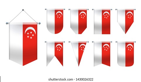 Set of hanging flags of the SINGAPORE. Diversity shapes of the national flag of country. Vertical Template pennant for background, travel banner, web, logo,award, achievement, festival, carnaval.