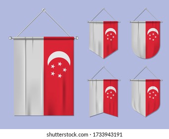 Juego de banderas colgantes de Singapur con textura textil. La diversidad forma el país de la bandera nacional. Plantilla vertical para banner, web, logotipo, premio y festival