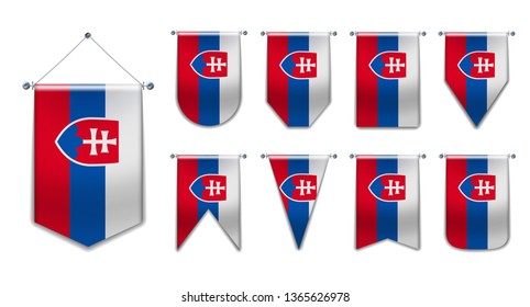 Set hanging flags of the Slovakia with textile texture. Diversity shapes of the national flag country. Vertical Template Pennant for background, banner, web site, logo,award, achievement, festival.