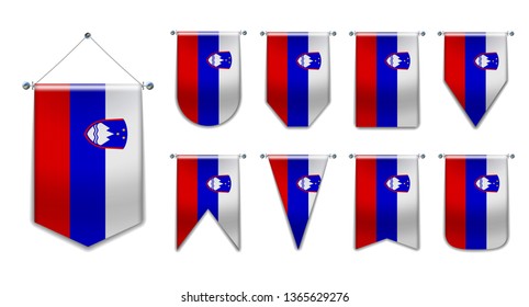 Set hanging flags of the Slovenia with textile texture. Diversity shapes of the national flag country. Vertical Template Pennant for background, banner, web site, logo,award, achievement, festival.