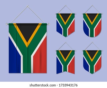 Set of hanging flags South Africa with textile texture. Diversity shapes of the national flag country. Vertical template pennant for banner, web, logo, award and festival