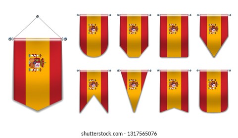 Set of hanging flags of the Spain with textile texture. Diversity shapes of the national flag country. Vertical Template Pennant for background, banner, web site, logo,award, achievement, festival.