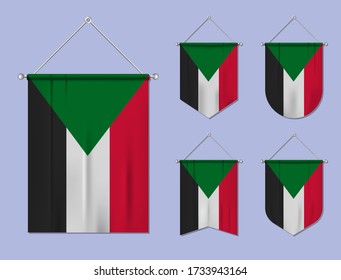 Set of hanging flags Sudan with textile texture. Diversity shapes of the national flag country. Vertical template pennant for banner, web, logo, award and festival