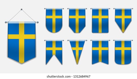 Set of hanging flags of the SWEDEN with textile texture. Diversity shapes of the national flag country. Vertical Template Pennant for background, banner, web, logo,award, achievement, festival