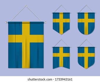 Set of hanging flags Sweden with textile texture. Diversity shapes of the national flag country. Vertical template pennant for banner, web, logo, award and festival