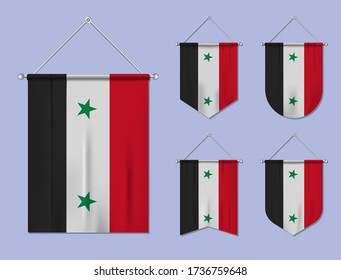 Set of hanging flags Syria with textile texture. Diversity shapes of the national flag country. Vertical template pennant for banner, web, logo, award and festival