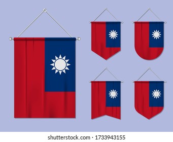 Set of hanging flags Taiwan with textile texture. Diversity shapes of the national flag country. Vertical template pennant for banner, web, logo, award and festival
