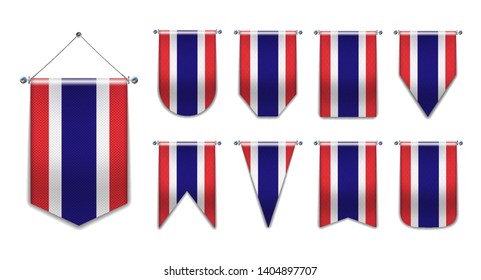 Set of hanging flags of the THAILAND with textile texture. Diversity shapes of the national flag country. Vertical Template Pennant for background, travel banner, web, logo,award, achievement, festiva