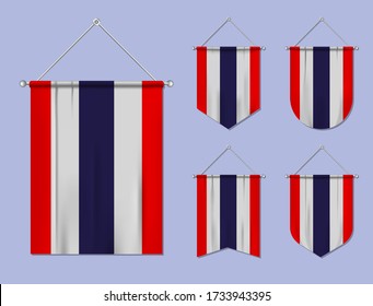 Set von hängenden Fahnen Thailand mit Textil-Textur. Vielfalt der Formen des nationalen Flaggenlandes. Vertikaler Vorlagenknopf für Banner, Web, Logo, Award und Festival