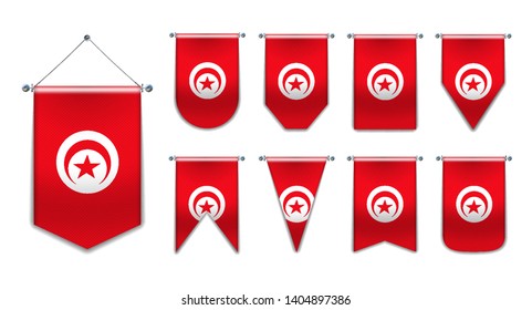 Set of hanging flags of the TUNISIA with textile texture. Diversity shapes of the national flag country. Vertical Template Pennant for background, travel banner, web, logo,award, achievement, festival
