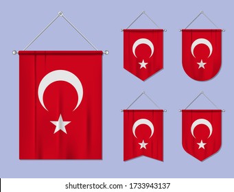 Set of hanging flags Turkey with textile texture. Diversity shapes of the national flag country. Vertical template pennant for banner, web, logo, award and festival