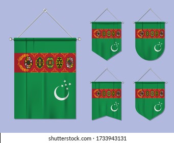 Set of hanging flags Turkmenistan with textile texture. Diversity shapes of the national flag country. Vertical template pennant for banner, web, logo, award and festival