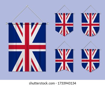 Set of hanging flags UK with textile texture. Diversity shapes of the national flag country. Vertical template pennant for banner, web, logo, award and festival