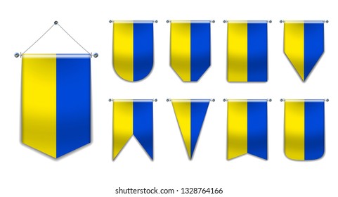 Set of hanging flags of the UKRAINE with textile texture. Diversity shapes of the national flag country. Vertical Template Pennant for background, banner, web, logo,award, achievement, festival.EPS 10