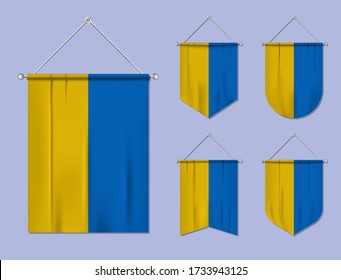 Set of hanging flags Ukraine with textile texture. Diversity shapes of the national flag country. Vertical template pennant for banner, web, logo, award and festival