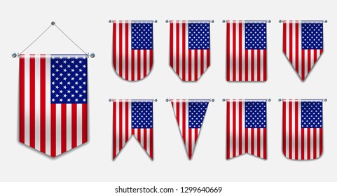 Set of hanging flags of the USA with textile texture. Diversity vertical isolated 3D shapes of the national flag of country.Vertical Template pennant for background, banner, web, award, festival.EPS10