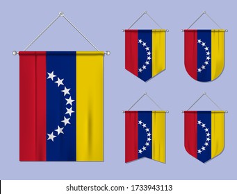Set of hanging flags Venezuela with textile texture. Diversity shapes of the national flag country. Vertical template pennant for banner, web, logo, award and festival