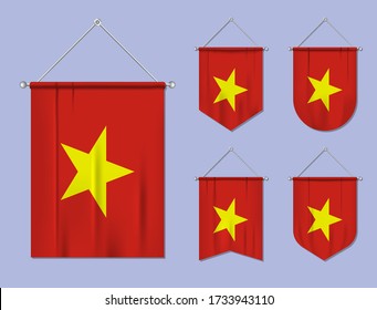 Set of hanging flags Vietnam with textile texture. Diversity shapes of the national flag country. Vertical template pennant for banner, web, logo, award and festival