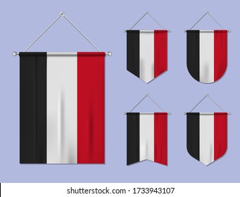 Set of hanging flags Yemen with textile texture. Diversity shapes of the national flag country. Vertical template pennant for banner, web, logo, award and festival