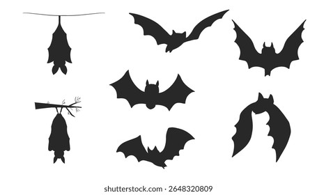 Set of hanging flying bat silhouettes for Halloween. Spooky black vector icons with wings and gothic vibes. Perfect for horror decor, party designs, or vampire themes.