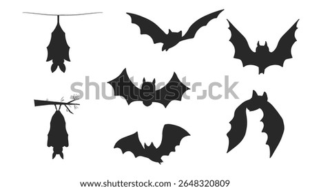 Set of hanging flying bat silhouettes for Halloween. Spooky black vector icons with wings and gothic vibes. Perfect for horror decor, party designs, or vampire themes.