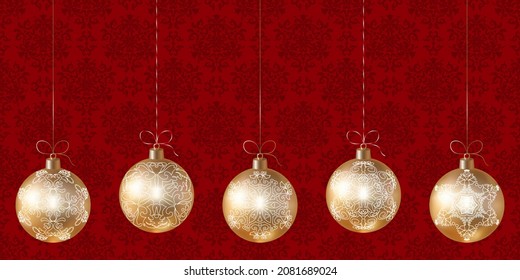 Set of hanging gold Christmas tree balls on red background. Festive New Year or Christmas background with Christmas tree toys and space for text. Red and gold color. Vector. Modern background design.