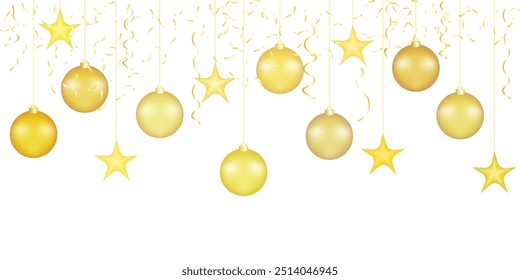 Set of hanging golden Christmas balls on a white background. Festive vector New Year decoration.

