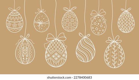 Juego de huevos de Pascua colgados a mano con arcos, aislados en fondo marrón. Ilustración vectorial en estilo doodle de línea. Ideal para el diseño de vacaciones de primavera, tarjeta de felicitación de Pascua Feliz, cartel, afiche.