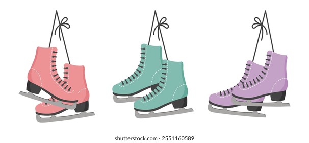 Set von hängenden Schlittschuhen auf weißem Hintergrund. Eiskunstlauf-Symbole. Schlittschuhe Icons für den Wintersport. Flache Abbildung