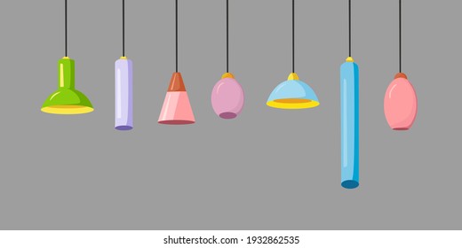 A set of hanging lamps of different shapes and colors on a gray background. Vector illustration.