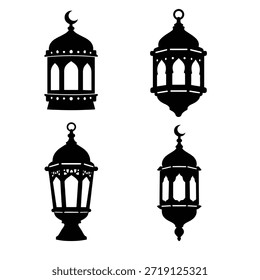 Set of hanging lantern silhouettes with crescent details. The collection includes four decorative lantern shapes with cutout windows and ornamental tops. Black silhouette icons isolated on white background.