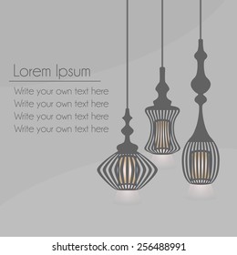 Set of hanging lanterns light chandeliers on gray background with copy space for your text