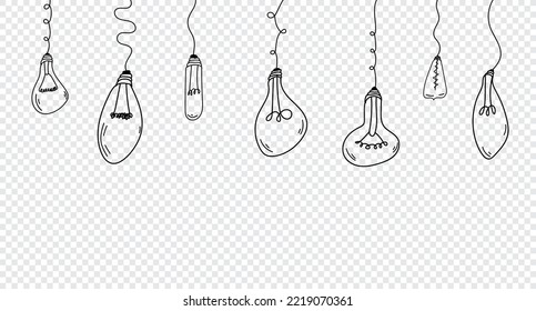 Set of hanging light bulb with doodles hand drawn style. Light bulb set. Doodle hand drawn sketch style lamp. Lightbulb with line curve. Vector illustration