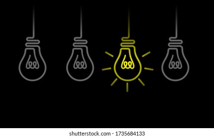 Set of hanging light bulbs from the ceiling with one glowing. Flat vector light bulb icons with concept of idea 