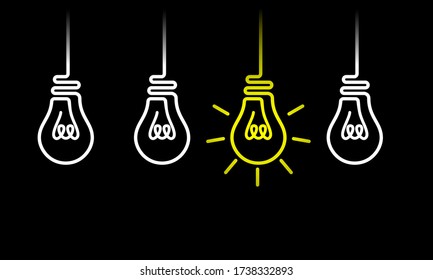 Juego de bombillas colgantes del techo con una resplandeciente. Iconos de bombilla plana vectorial con concepto de idea 