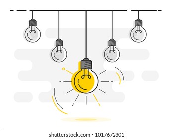 Set of hanging light bulbs with one glowing. Trendy flat vector light bulb icons with concept of idea on white background. 