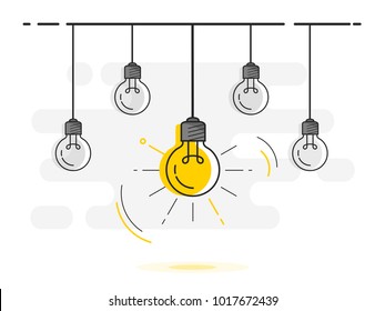 Set of hanging light bulbs with one glowing. Trendy flat vector light bulb icons with concept of idea on white background. 